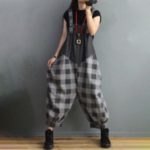 Fall Style Backless Tartan Overalls Relax-Fit Denim Bib Overalls