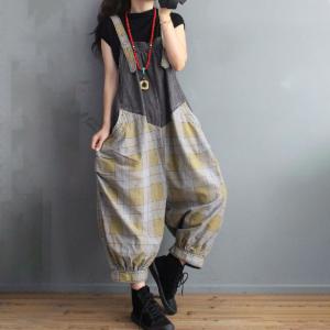 Fall Style Backless Tartan Overalls Relax-Fit Denim Bib Overalls