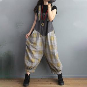 Fall Style Backless Tartan Overalls Relax-Fit Denim Bib Overalls