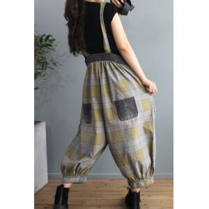 Fall Style Backless Tartan Overalls Relax-Fit Denim Bib Overalls