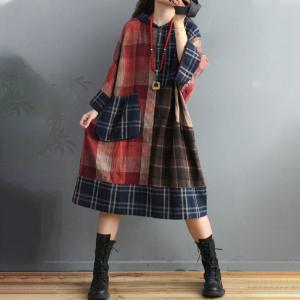 Big Pockets Plus Size Winter Hoodie  Dress Cotton Linen Midi Tartan Dress