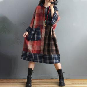 Big Pockets Plus Size Winter Hoodie  Dress Cotton Linen Midi Tartan Dress