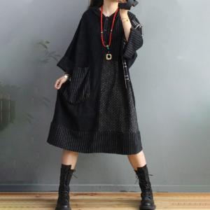 Big Pockets Plus Size Winter Hoodie  Dress Cotton Linen Midi Tartan Dress