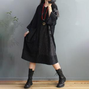 Big Pockets Plus Size Winter Hoodie  Dress Cotton Linen Midi Tartan Dress