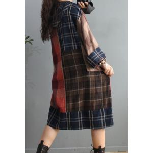 Big Pockets Plus Size Winter Hoodie  Dress Cotton Linen Midi Tartan Dress