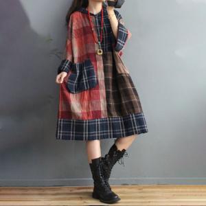 Big Pockets Plus Size Winter Hoodie  Dress Cotton Linen Midi Tartan Dress