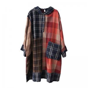 Big Pockets Plus Size Winter Hoodie  Dress Cotton Linen Midi Tartan Dress