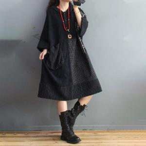 Big Pockets Plus Size Winter Hoodie  Dress Cotton Linen Midi Tartan Dress