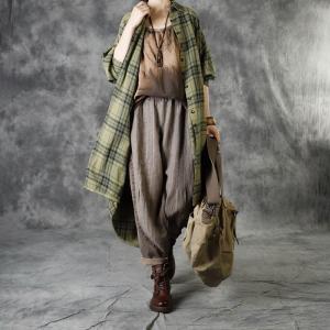 Casual Style Womens Tartan Shirt Linen Long Sleeves Shirt