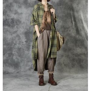 Casual Style Womens Tartan Shirt Linen Long Sleeves Shirt