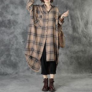 Casual Style Womens Tartan Shirt Linen Long Sleeves Shirt