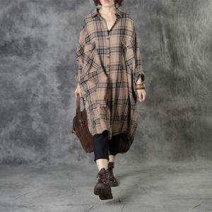 Korean Style Asymmetrical Checkered Shirt Oversized Long Linen Shirt Womens
