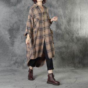 Korean Style Asymmetrical Checkered Shirt Oversized Long Linen Shirt Womens
