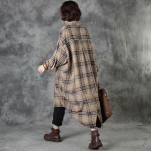 Korean Style Asymmetrical Checkered Shirt Oversized Long Linen Shirt Womens