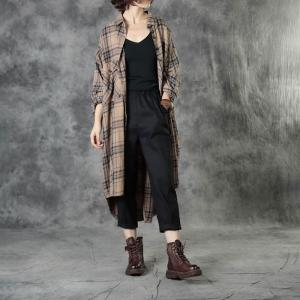 Korean Style Asymmetrical Checkered Shirt Oversized Long Linen Shirt Womens