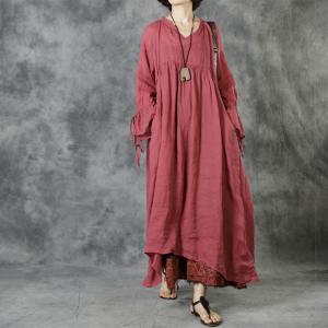 High-Waisted Flare Sleeve Red Dress Cotton Linen Beach Dress