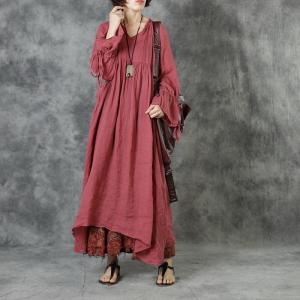 High-Waisted Flare Sleeve Red Dress Cotton Linen Beach Dress