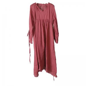 High-Waisted Flare Sleeve Red Dress Cotton Linen Beach Dress