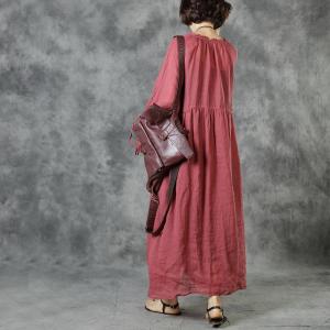 High-Waisted Flare Sleeve Red Dress Cotton Linen Beach Dress