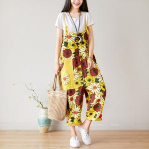 Tropical Flowers Slip Overalls Baggy Jeans Dungarees Womens