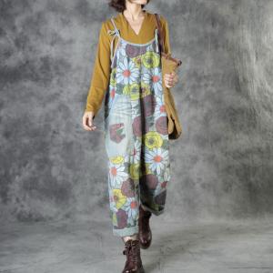 Tropical Flowers Slip Overalls Baggy Jeans Dungarees Womens