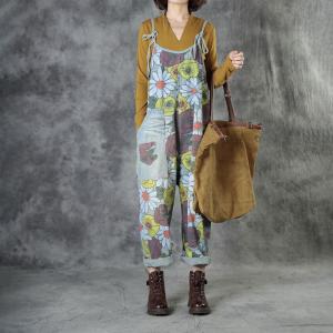 Tropical Flowers Slip Overalls Baggy Jeans Dungarees Womens