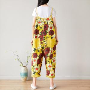 Tropical Flowers Slip Overalls Baggy Jeans Dungarees Womens
