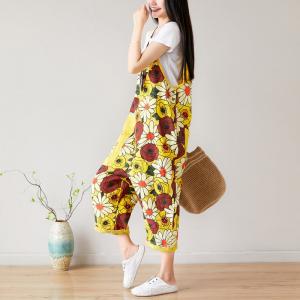 Tropical Flowers Slip Overalls Baggy Jeans Dungarees Womens