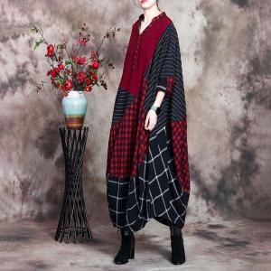 Checkered Red Tent Dress Cotton Linen Plus Size Cocoon Dress