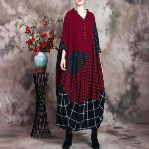 Checkered Red Tent Dress Cotton Linen Plus Size Cocoon Dress