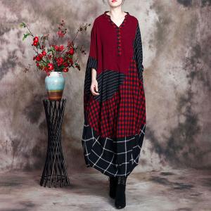 Checkered Red Tent Dress Cotton Linen Plus Size Cocoon Dress