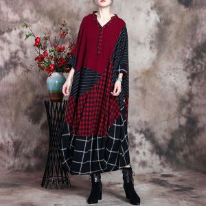 Checkered Red Tent Dress Cotton Linen Plus Size Cocoon Dress