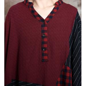 Checkered Red Tent Dress Cotton Linen Plus Size Cocoon Dress