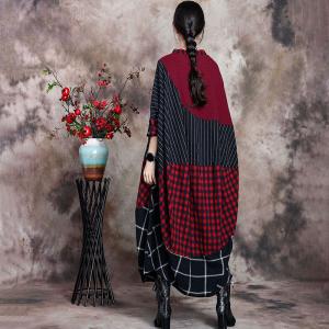 Checkered Red Tent Dress Cotton Linen Plus Size Cocoon Dress