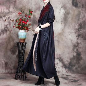 Long Sleeves Black Tie Front Dress Japanese Kimono Maxi Dress