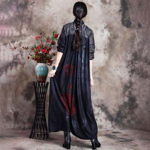 Long Sleeves Black Tie Front Dress Japanese Kimono Maxi Dress