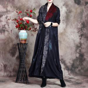 Long Sleeves Black Tie Front Dress Japanese Kimono Maxi Dress