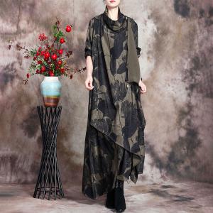 Black Printed Cowl Neck Dress Asymmetrical Designer Winter Dress