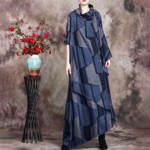 Modest Fashion Blue Turtleneck Dress Asymmetrical Geometry Church Dress