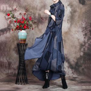 Modest Fashion Blue Turtleneck Dress Asymmetrical Geometry Church Dress