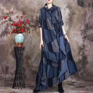Modest Fashion Blue Turtleneck Dress Asymmetrical Geometry Church Dress