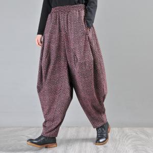 Plus Size Winter Harem Pants Dark Red Tweed Balloon Pants for Wome