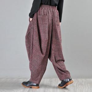 Plus Size Winter Harem Pants Dark Red Tweed Balloon Pants for Wome