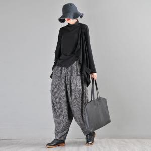 Winter Fashion Black Striped Loose Pants Tweed Hippie Trousers
