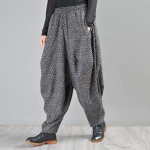 Winter Fashion Black Striped Loose Pants Tweed Hippie Trousers