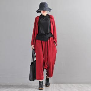 Minimalist Red Drop Crotch Pants Womens Fashion Jacquard Harem Pants