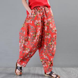 Original Design Red Floral Pants Ramie Loose Balloon Pants