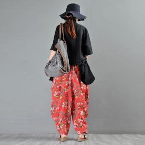 Original Design Red Floral Pants Ramie Loose Balloon Pants