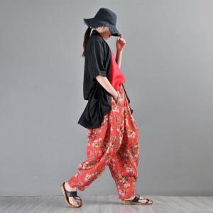 Original Design Red Floral Pants Ramie Loose Balloon Pants