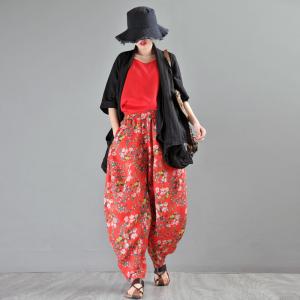 Original Design Red Floral Pants Ramie Loose Balloon Pants